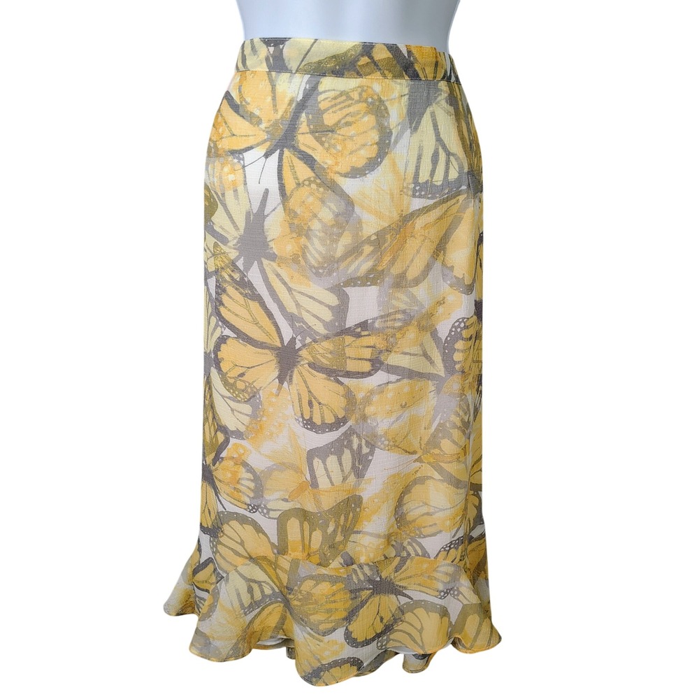 Alfred Dunner Woman 22W Yellow Butterfly Print Ruffle Hem Midi Skirt Chiffon